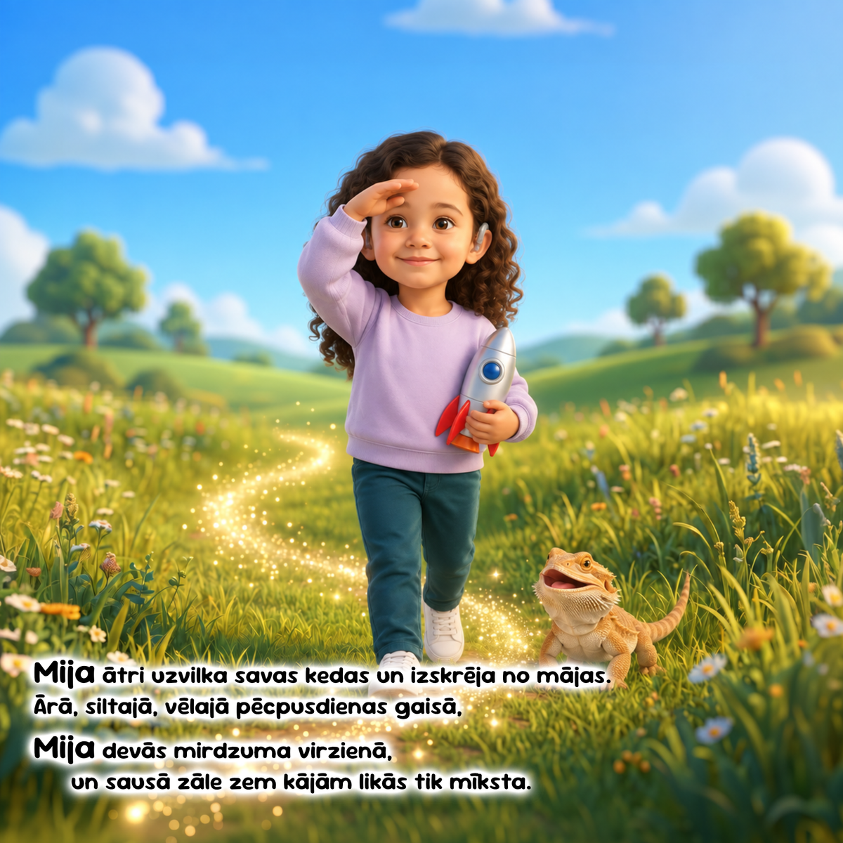 A young child stands in a sunny grassy field holding a small toy rocket, with a lizard beside them and a glowing path behind them. The scene is bright and colorful, with trees, hills, and blue sky in the background.