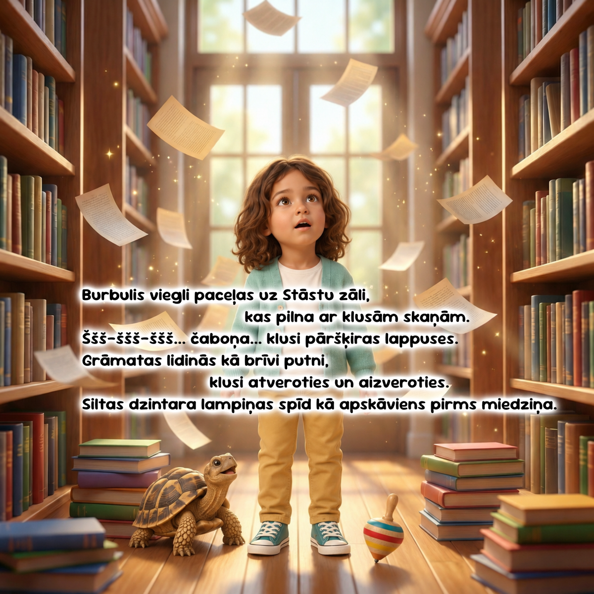 A child stands in a library aisle surrounded by bookshelves, with papers floating around them. The scene is warm and golden, with a small turtle and a spinning top on the floor.