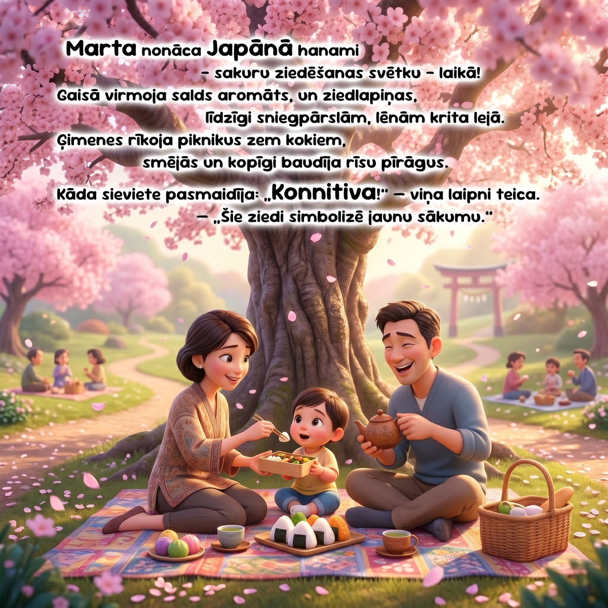 A family picnic scene in a park with cherry blossoms, featuring a father, mother, and child sitting on a blanket under a large tree. The image includes a block of Latvian text at the top, suggesting this is a digital print, poster, or social media graphic.