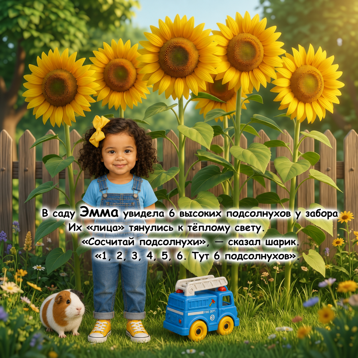 A young girl stands in a sunny garden with large sunflowers, a wooden fence, grass, a guinea pig, and a blue toy truck. Russian text is overlaid across the center of the scene.