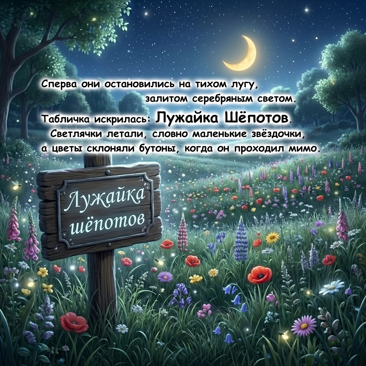 A whimsical illustrated night meadow scene with a wooden sign reading "Luzhka Shpotov" in Cyrillic, overlaid with Russian text. The scene shows a glowing crescent moon in a starry blue night sky, dark trees, and a field of colorful flowers in green, purple, red, yellow, and pink.