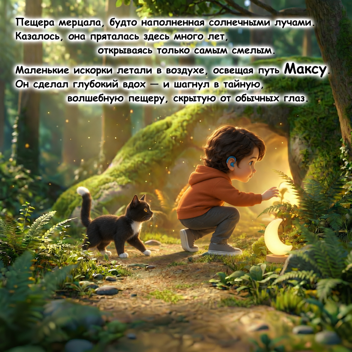 A fantasy forest scene with a child crouching beside a glowing crescent moon and a black-and-white cat, surrounded by mossy trees and ferns. White Russian text is overlaid across the upper portion of the scene.