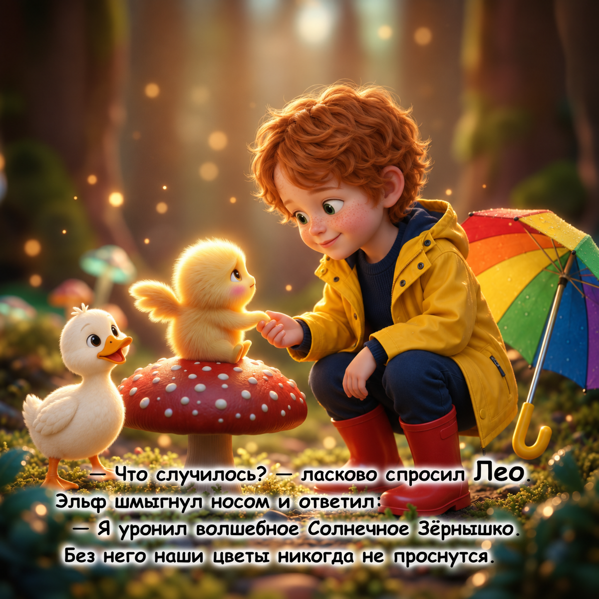 A heartwarming fantasy scene shows a young child in a yellow raincoat crouching beside a small yellow duckling on a mushroom, with another duck nearby and a rainbow umbrella. Text at the bottom reads, “What’s wrong? Leo asked gently.
