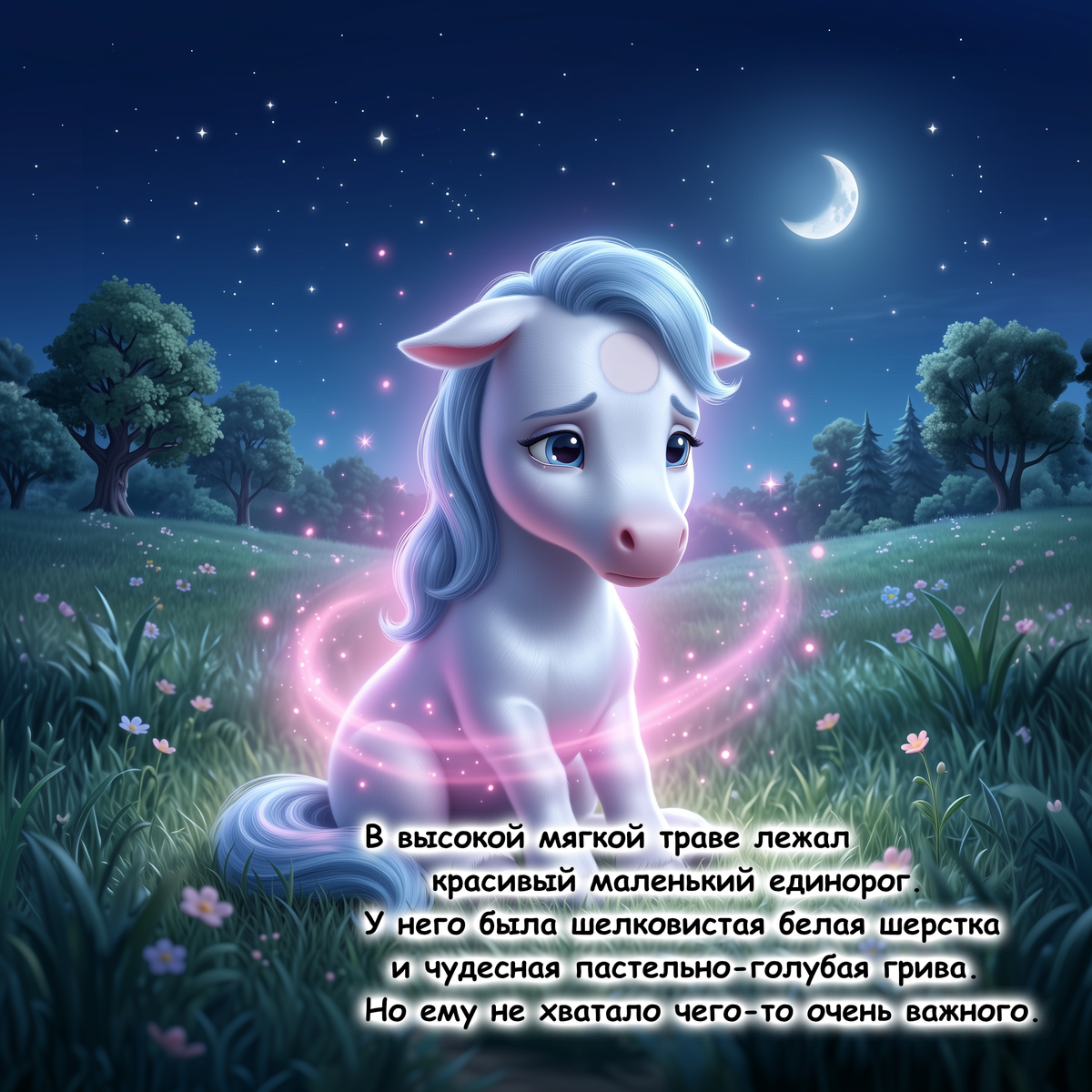 A whimsical digital illustration of a small white unicorn with a blue mane sitting in a grassy field under a crescent moon and stars. The unicorn glows with pink magical light, and Russian text is overlaid at the bottom.