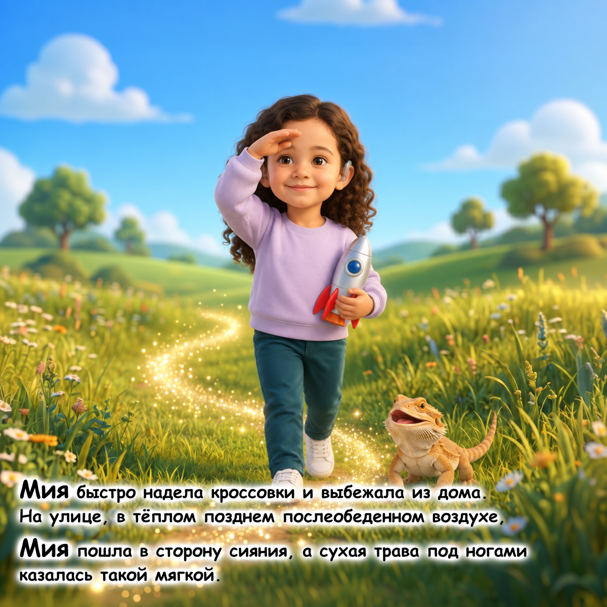 A child in a lavender sweatshirt and teal pants stands in a grassy field holding a small toy rocket, with a dog beside them and a glowing path leading forward. Russian text appears along the bottom left.