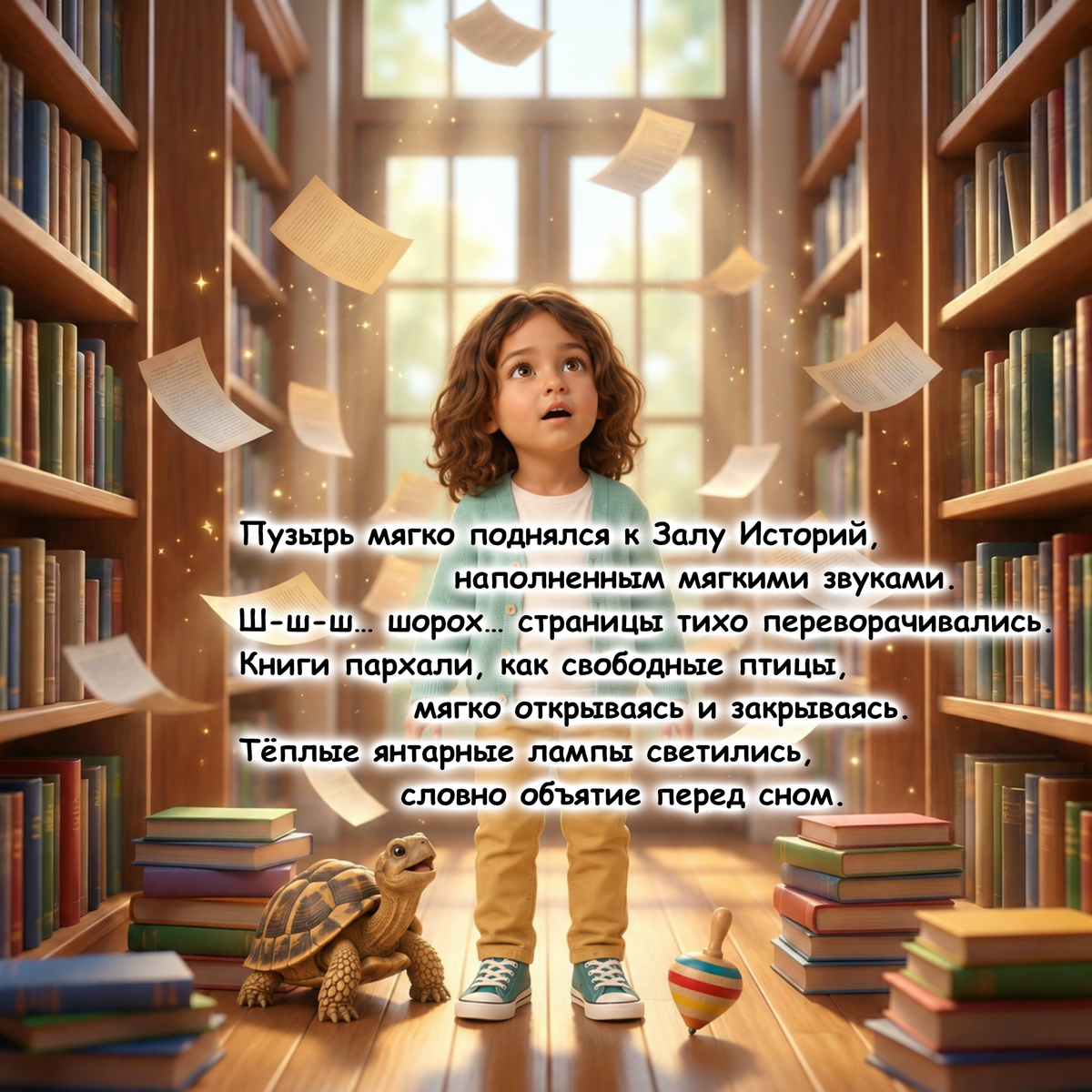 A child stands in a library aisle surrounded by bookshelves, floating pages, and Russian text overlaid in the center. The scene is warm and magical, with a turtle and a spinning top on the floor.