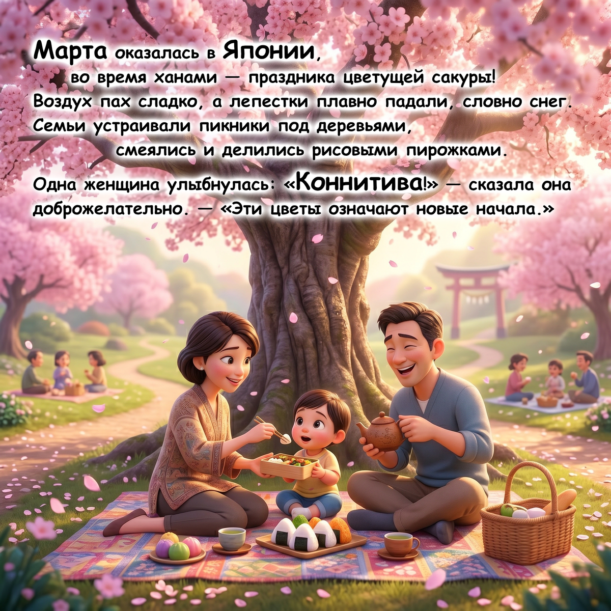 A colorful illustrated scene of a family picnic under blooming pink cherry blossom trees in Japan, with Russian text overlaid at the top describing the spring outing and the joy of new beginnings.