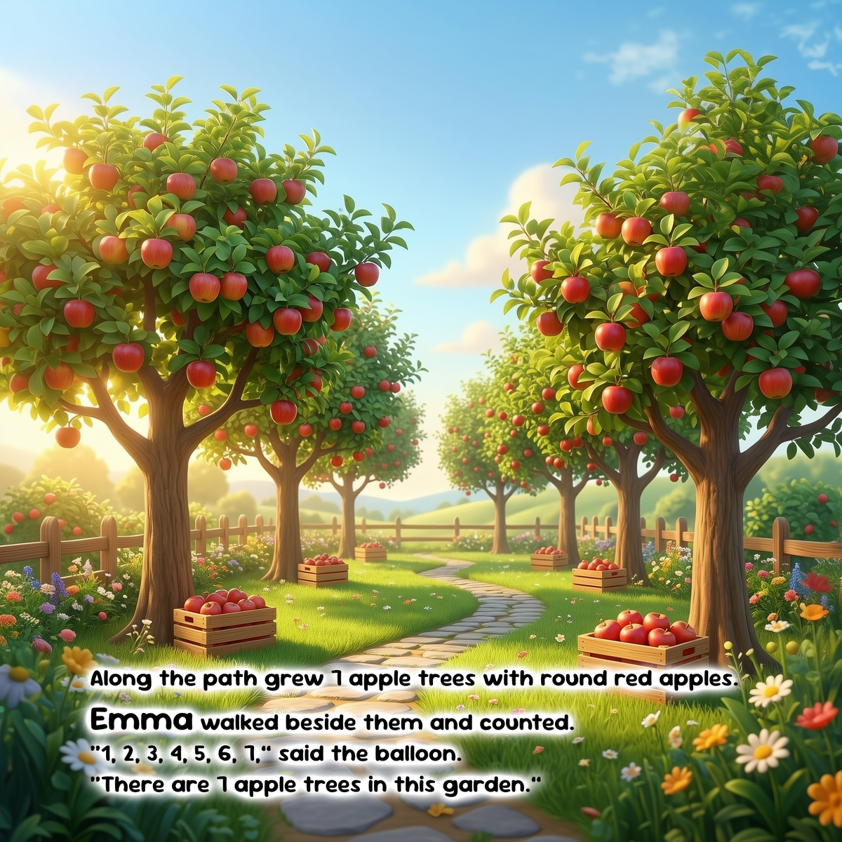 A colorful illustrated orchard scene with rows of apple trees bearing red apples, a winding stone path, flowers, and a blue sky. Text overlays quote a children's story about one apple tree.