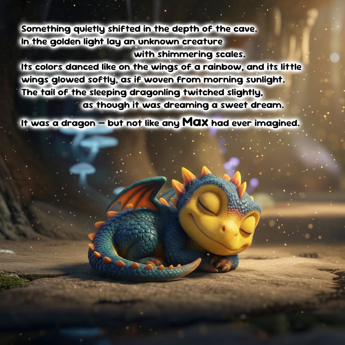 A cozy digital illustration of a sleeping dragon curled up on a stone floor in a glowing cave, with overlaid text describing a dreamlike fantasy scene. The dragon has blue and yellow scales with orange accents, and the background is softly blurred in warm golden tones.