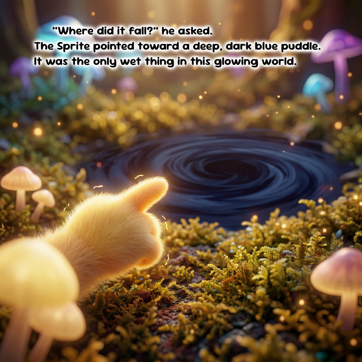 A fantasy forest scene with glowing mushrooms, moss, and a dark swirling puddle. A soft yellow furry paw points toward the puddle, and overlaid text reads: “Where did it fall?” he asked.