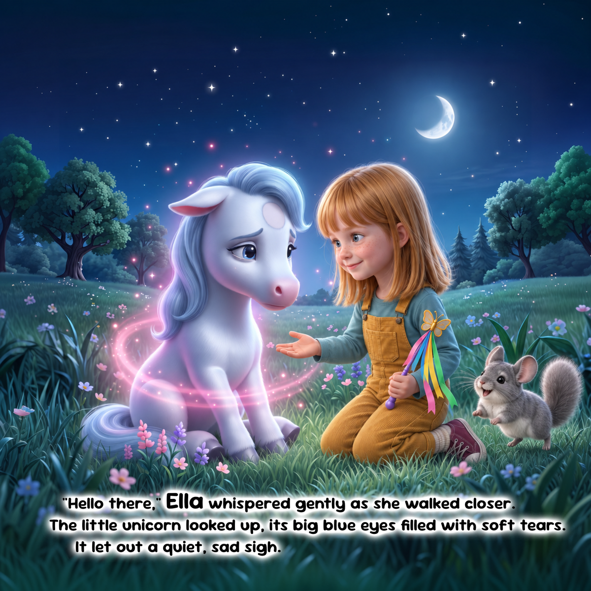A digital illustration of a young girl with blonde hair kneeling in a grassy field at night, whispering to a white unicorn with glowing pink magic. A small gray mouse sits nearby under a crescent moon and starry sky.