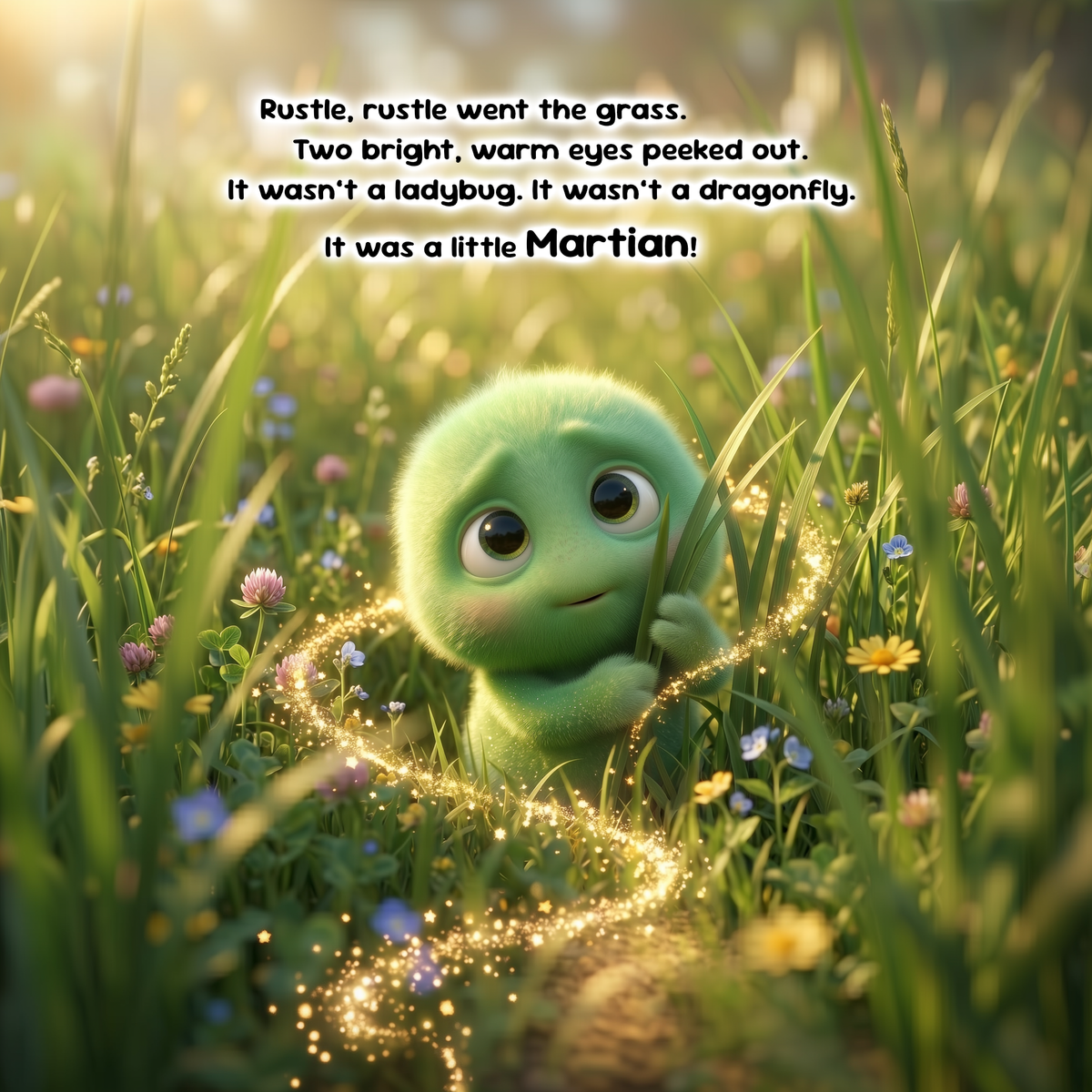 A whimsical illustration of a small fuzzy green creature in a grassy field with flowers, surrounded by glowing golden sparkles, with the text 'Rustie, rustle went the grass. Two bright, warm eyes peeked out.