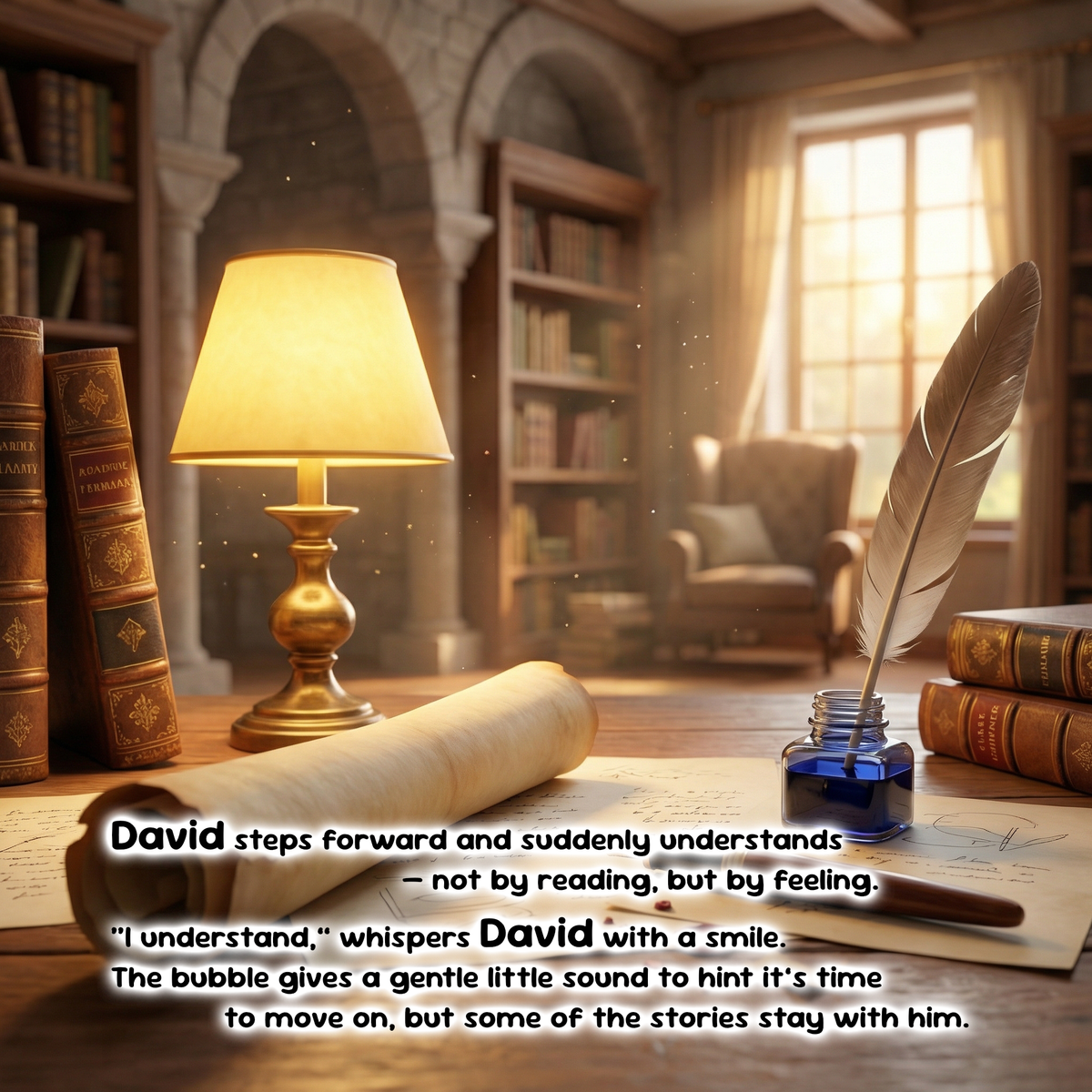 A warm, cozy library scene with a glowing table lamp, an open inkwell with a feather quill, scattered books, and a rolled parchment on a wooden desk. A text overlay at the bottom reads: “David steps forward and suddenly understands not by reading, but by feeling.