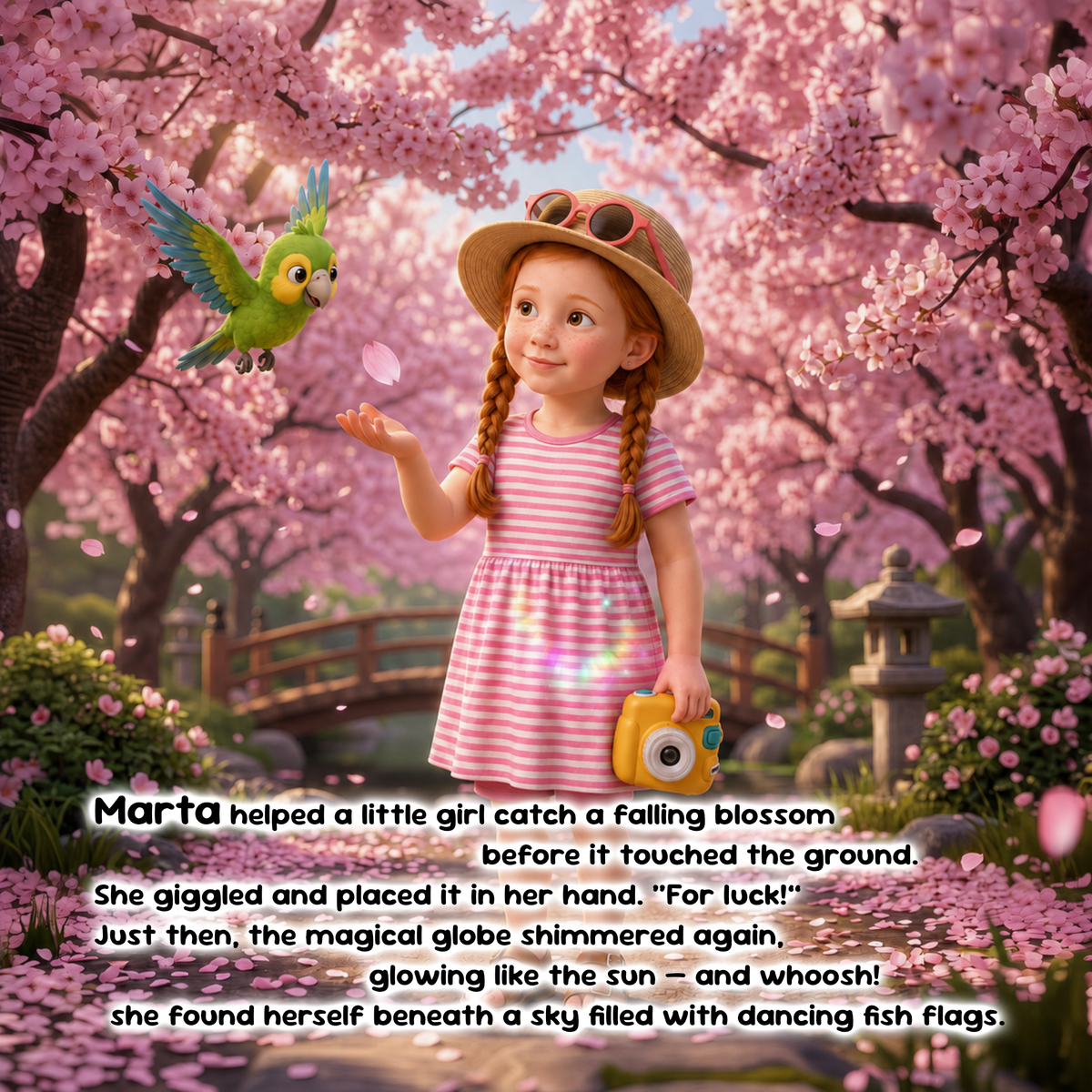 A young girl with braided hair stands in a cherry blossom garden wearing a straw hat and a pink-and-white striped dress, holding a yellow camera. A green parrot flies near her, and a block of text appears at the bottom with a whimsical fantasy caption about Marta and glowing fish flags.