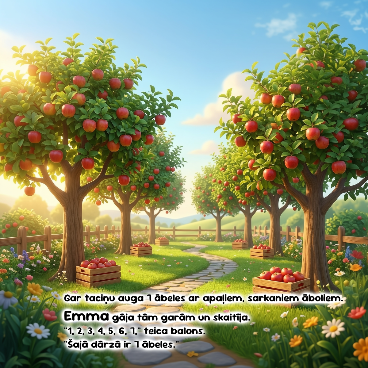 A stylized landscape scene of an apple orchard with rows of leafy trees bearing red apples, a winding stone path, flower beds, and a blue sky with clouds. Overlaid text in Latvian appears at the bottom center.