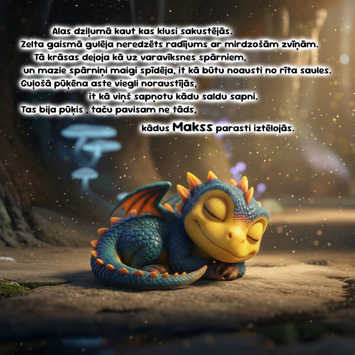 A sleeping blue dragon with orange and yellow accents rests on a stone surface in a misty forest scene. White Latvian text is overlaid across the top, and the background is a soft-focus warm brown and gold environment with glowing particles.