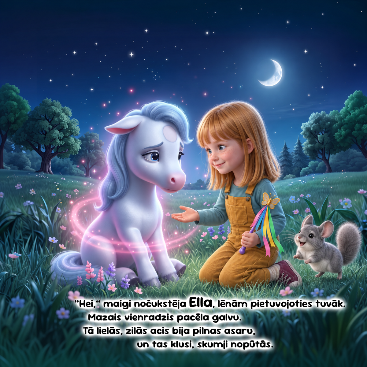 A whimsical nighttime scene shows a young girl kneeling beside a glowing white unicorn in a flower-filled meadow under a starry sky with a crescent moon. A small gray mouse sits nearby, and there is a block of Latvian text overlaid at the bottom.