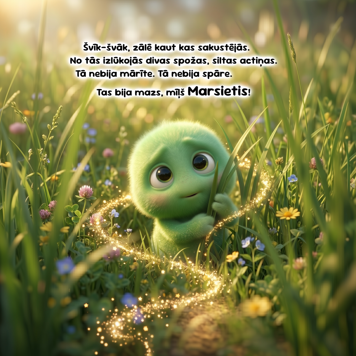 A cute green cartoon creature sits in a sunlit grassy field with flowers, surrounded by glowing golden sparkles. White Latvian text appears at the top of the image.