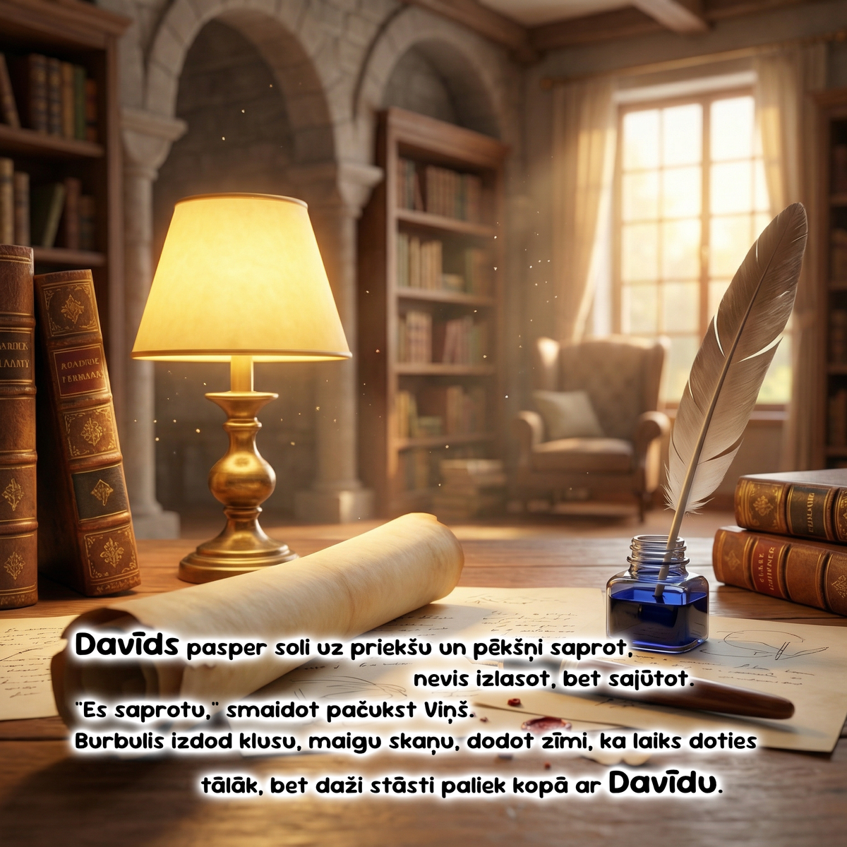 A warmly lit study or library interior with a wooden desk in the foreground holding a glowing table lamp, an open rolled scroll, a blue ink bottle with a feather quill, and several books. A large block of Latvian text overlays the lower portion of the scene.