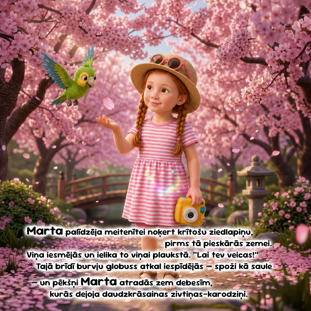 A young girl with braided pigtails stands in a cherry blossom garden wearing a pink-and-white striped dress and a straw hat with sunglasses. She holds a yellow camera and looks toward a green parrot flying near her.