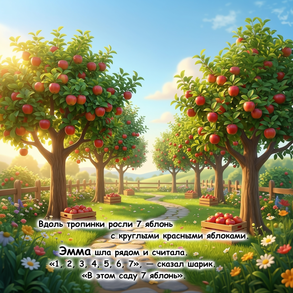 A colorful illustrated orchard scene with rows of apple trees bearing red apples, a winding path, flowers, and Russian text overlaid across the center and bottom.