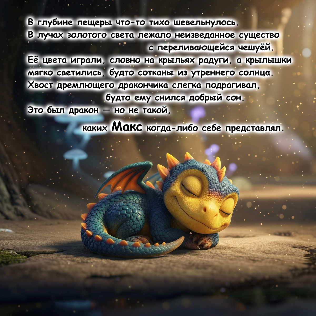 A sleeping blue dragon with orange and yellow accents rests on a stone surface in a mystical forest-like setting. Russian text is overlaid across the top, and the scene has a soft glowing, dreamy aesthetic.