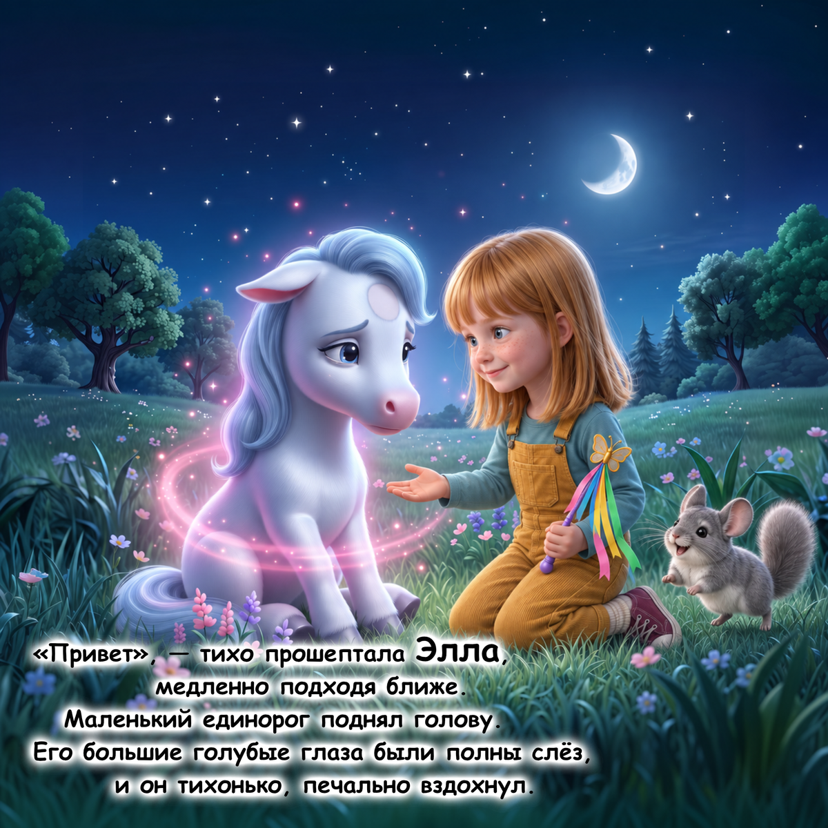 A whimsical illustrated scene at night showing a young girl kneeling beside a glowing white pony in a starry meadow, with a small gray mouse nearby and Russian text overlaid at the bottom.