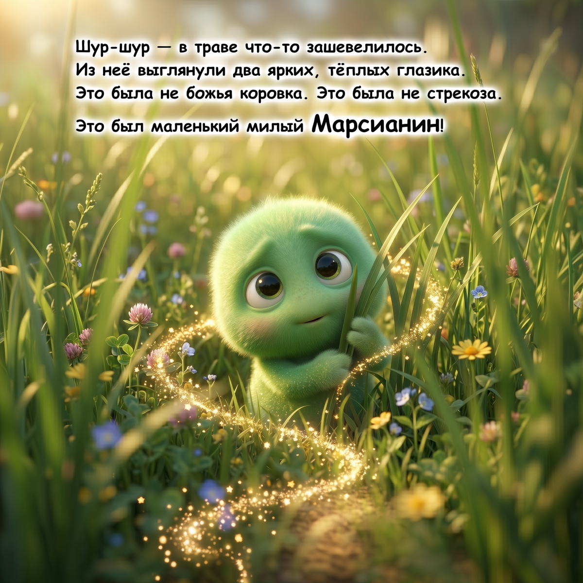 A green cartoon-like creature with large eyes stands in a sunlit grassy field, surrounded by flowers and a glowing golden trail. Russian text appears across the top of the image.