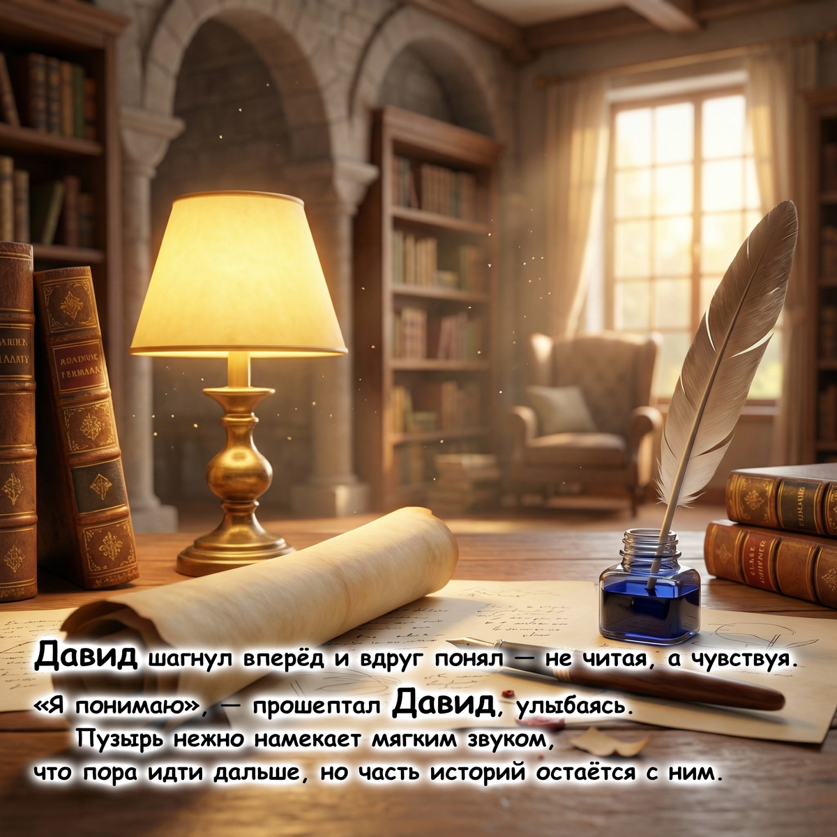 A warmly lit study interior with a wooden desk holding an open book, a glowing table lamp, a rolled parchment scroll, a feather quill in an ink bottle, and several antique books. Russian text is overlaid across the lower portion.