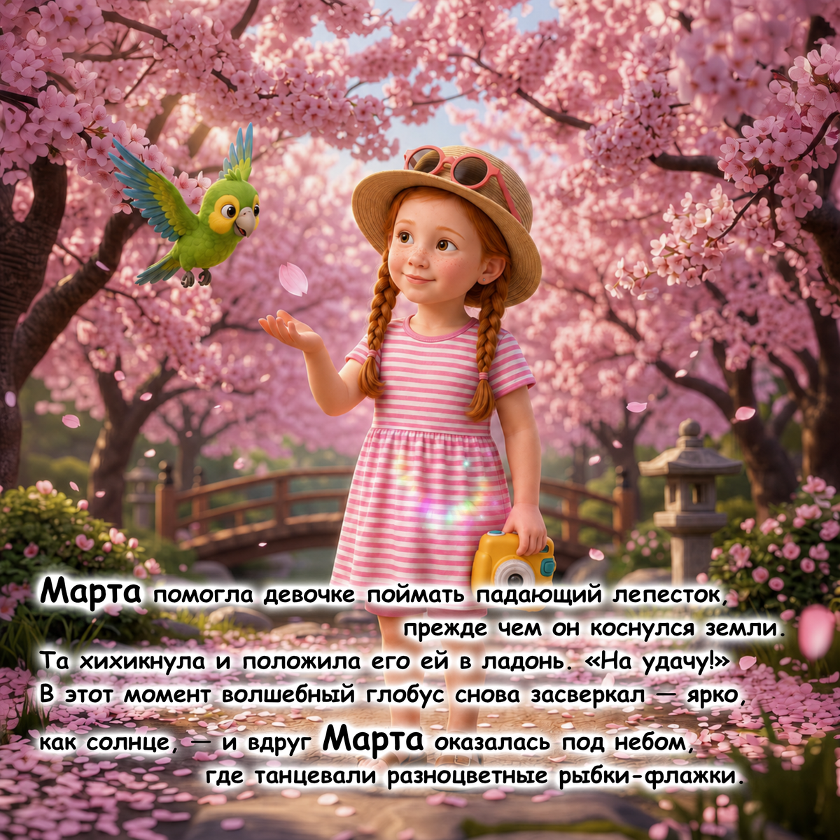 A young girl with braided pigtails stands in a cherry blossom garden wearing a pink-and-white striped dress and a straw hat with sunglasses. She holds a yellow camera and looks toward a green parrot flying near her.