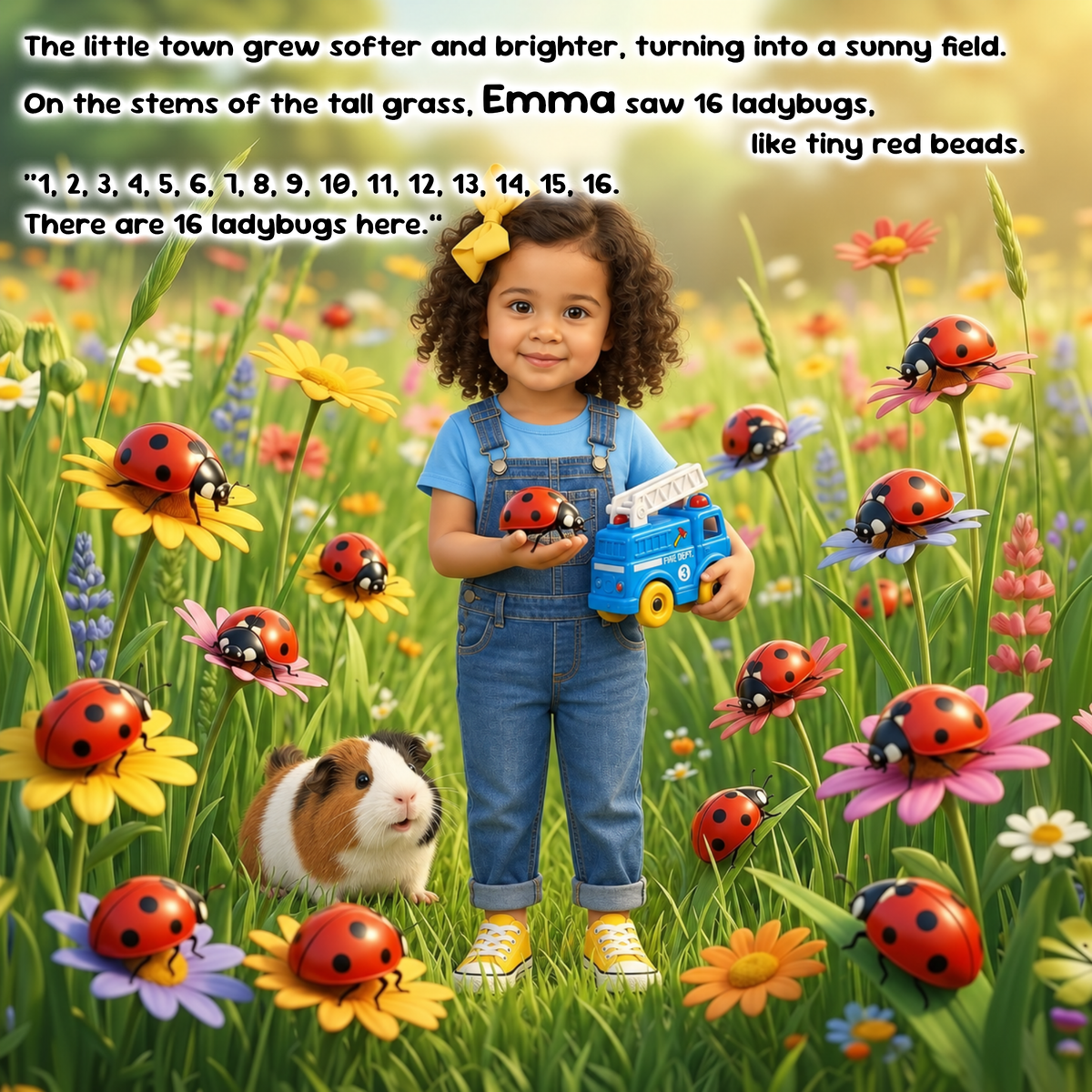 A child stands in a flower field holding a blue toy truck, surrounded by illustrated ladybugs on flowers, with a guinea pig at the child's side and a long poem written at the top. This is not a clean product shot and does not clearly present a single sellable physical product; it reads as a digital artwork or story scene, so subject_type is Other rather than Lifestyle or Product/Packaging.