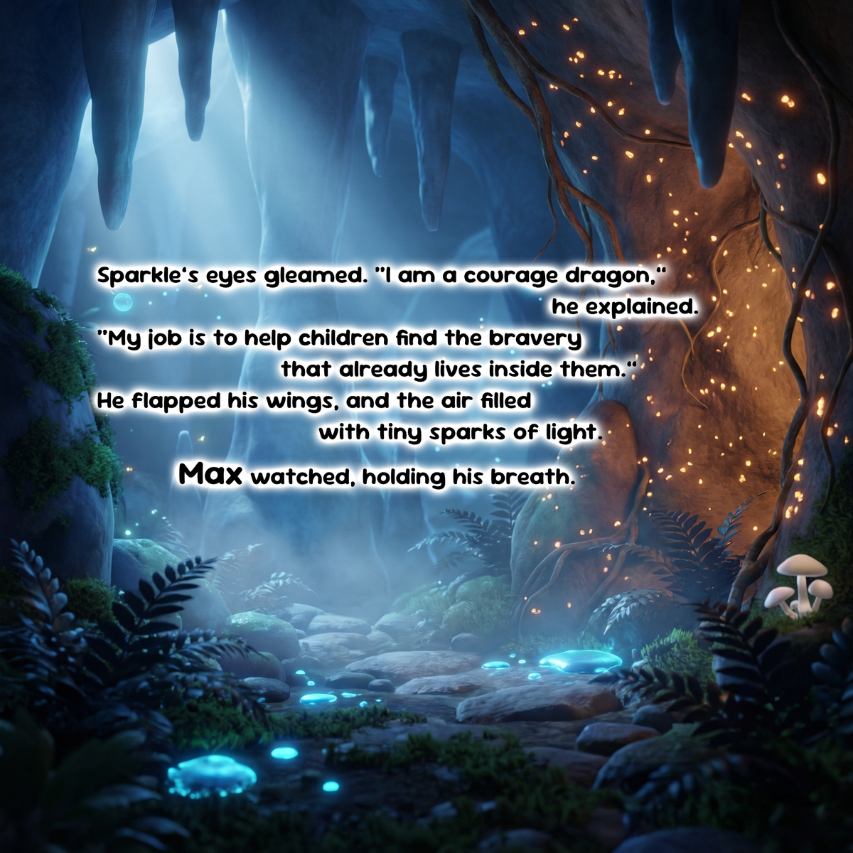 A fantasy forest scene with glowing blue mushrooms, hanging stalactites, and warm orange lights in the trees, overlaid with a quote about sparkle and Max explaining his role as a courage dragon.