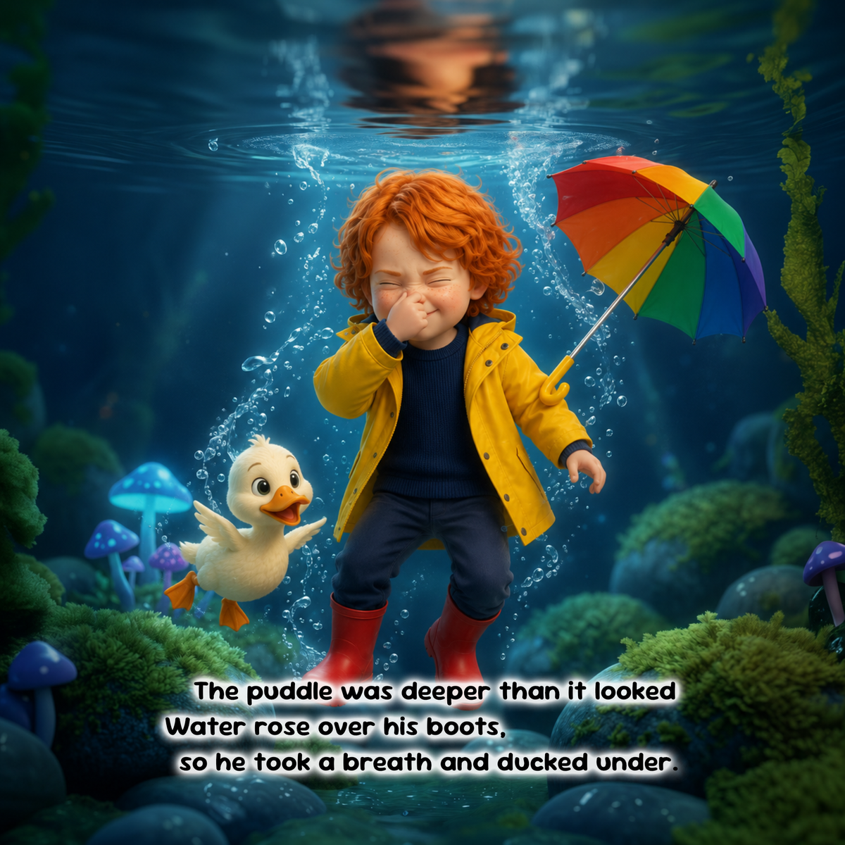 A whimsical underwater scene showing a child with curly red hair in a yellow raincoat and red boots, holding a rainbow umbrella beside a small white duck. The background is a blue underwater environment with rocks, seaweed, and mushrooms, and a text overlay at the bottom.