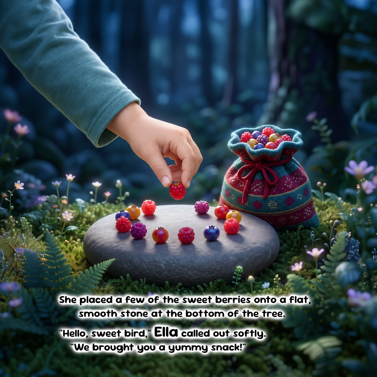 A hand in a teal sleeve places a small red berry onto a round stone in a fantasy forest scene. A knitted pouch filled with colorful berries sits nearby, with text at the bottom reading, 'She placed a few of the sweet berries onto a flat smooth stone at the bottom of the tree.