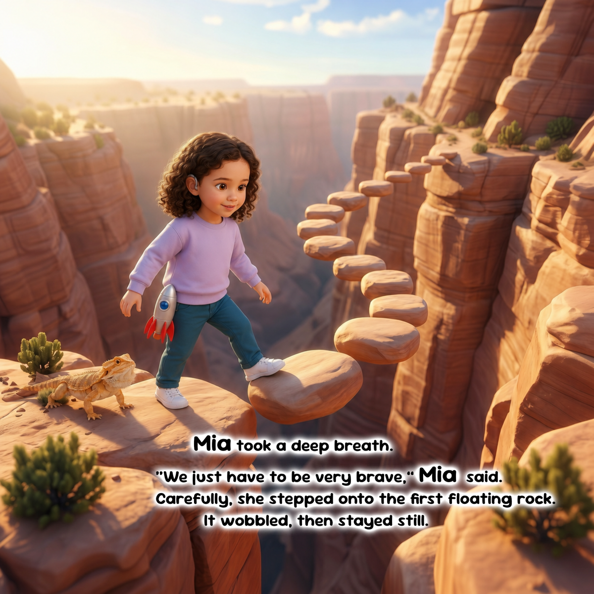 A child stands on a narrow line of floating rock formations in a canyon, holding a small rocket toy, with a lizard on a nearby ledge. Text at the bottom includes the quote: 'Mia took a deep breath.