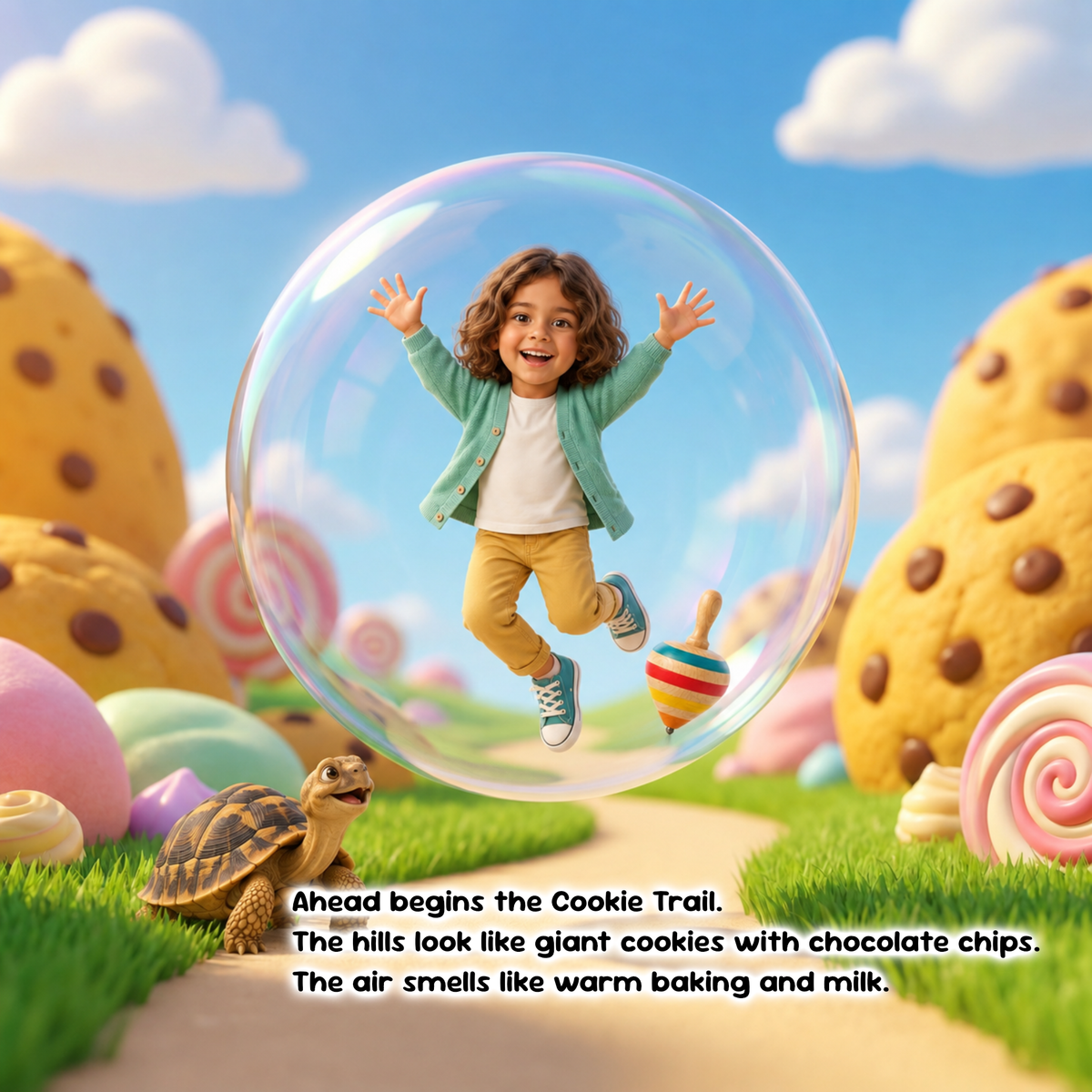 A child jumps joyfully inside a large transparent bubble in a whimsical candyland scene with giant chocolate cookies, pastel eggs, grass, and a small turtle. Text at the bottom reads, 'Ahead begins the Cookie Trail.