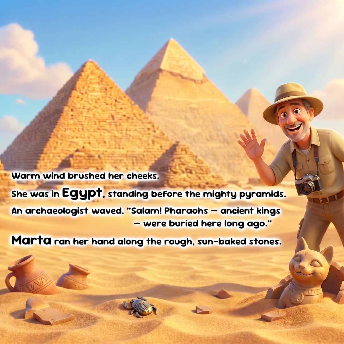 A man in an explorer hat and outfit stands in a desert scene with large pyramids in the background, alongside a small cat figurine and scattered ancient-looking pottery and tablets. Text overlays describe a scene in Egypt with pyramids and an archaeologist waving.