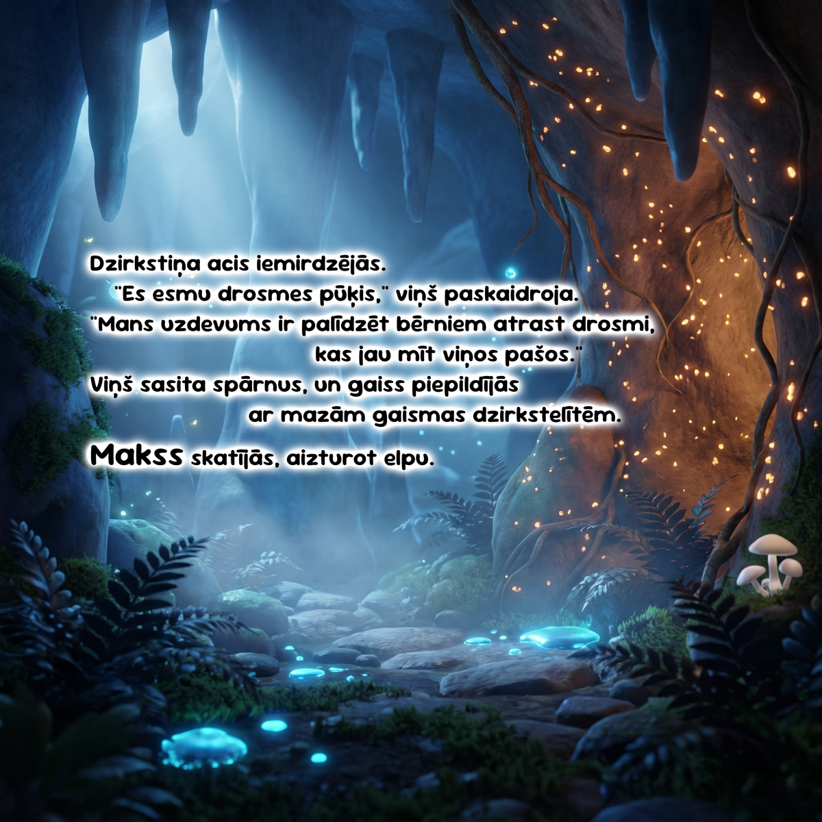 A fantasy forest artwork with glowing blue mushrooms, orange lights along tree trunks, and a central block of Latvian text overlaid on a misty cave-like scene.