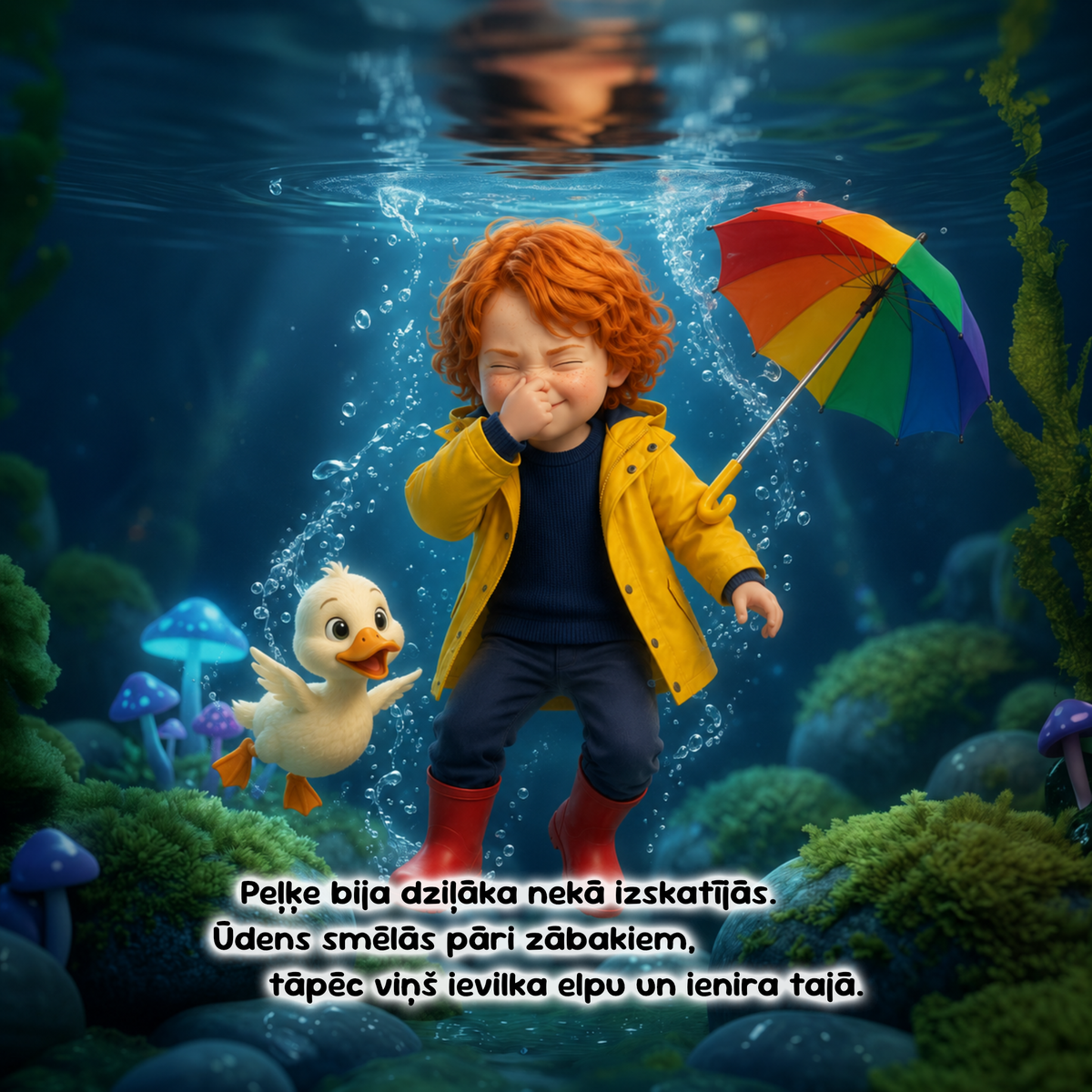 A whimsical underwater scene showing a child with curly red hair in a yellow raincoat and red boots, holding a rainbow umbrella beside a small white duck. The background is a blue underwater environment with rocks, seaweed, and mushrooms, and a text overlay at the bottom.