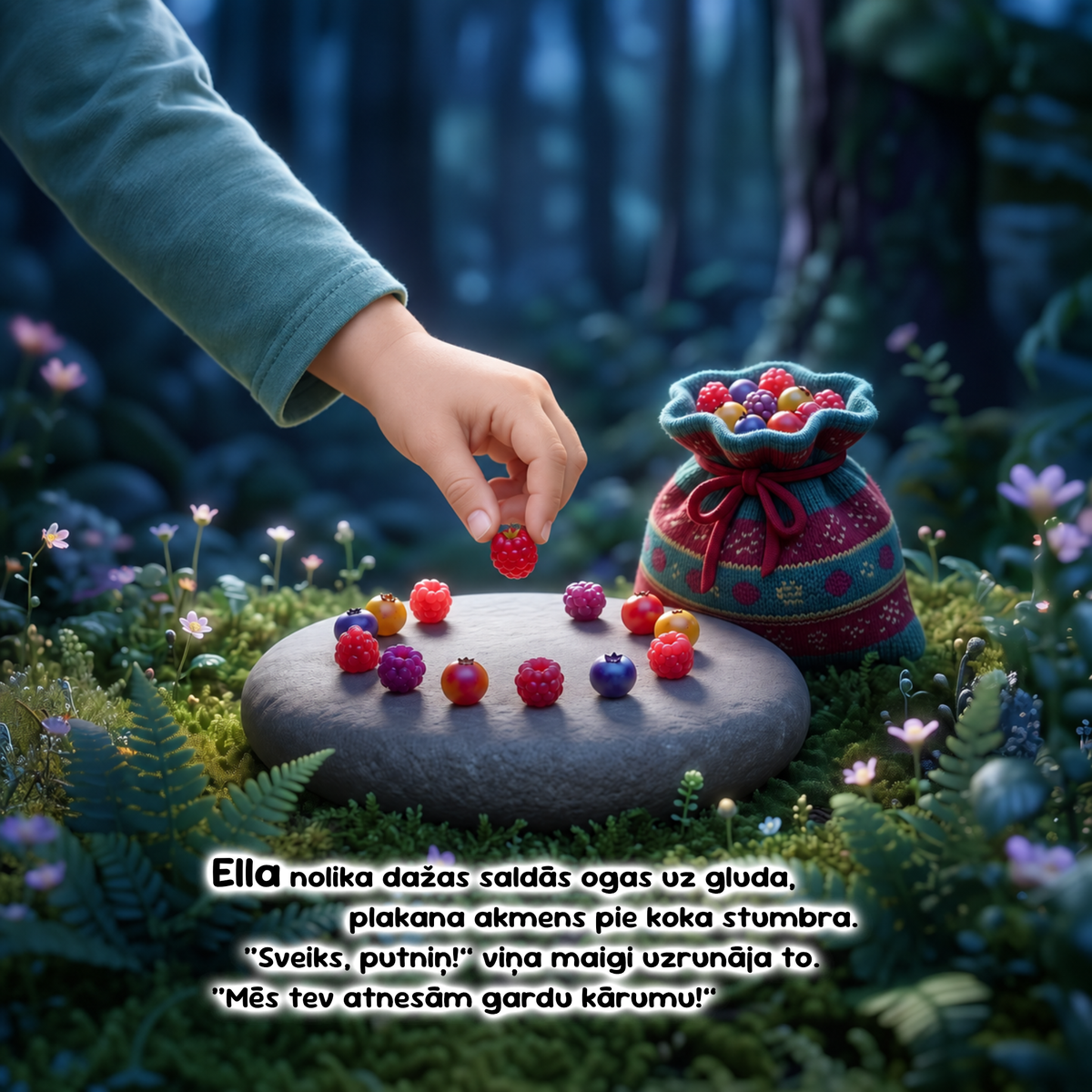 A hand in a teal sleeve reaches toward small colorful berries on a stone plate in a lush forest setting, with a knitted bag of berries beside it and a Latvian text overlay at the bottom.