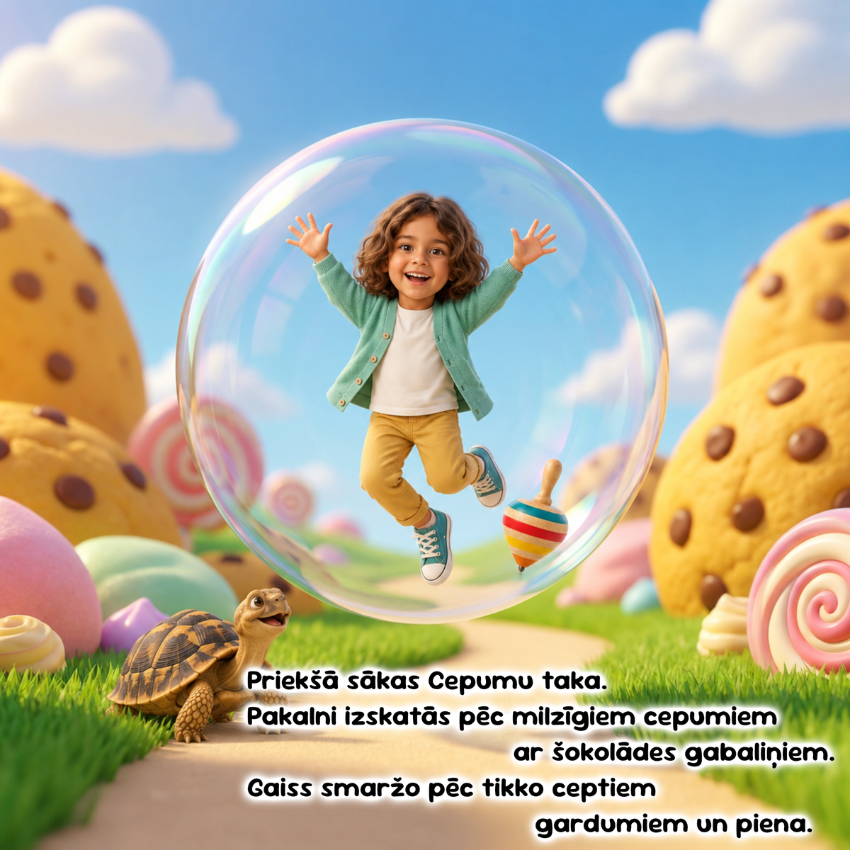 A child jumps inside a giant clear bubble in a whimsical candy-themed outdoor scene with oversized cookies, pastel eggs, grass, and a small turtle. Finnish text appears at the bottom.