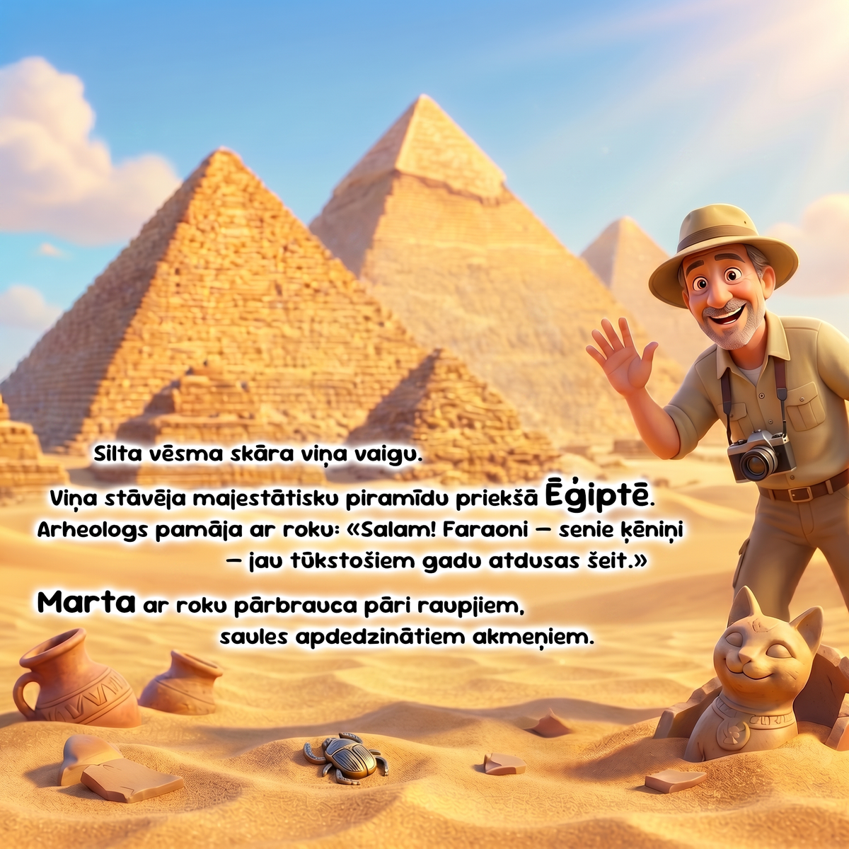 A man in an explorer hat and outfit stands in a desert scene with large pyramids in the background, alongside a small cat figurine and scattered ancient-looking pottery and tablets. Text overlays describe a scene in Egypt with pyramids and an archaeologist waving.