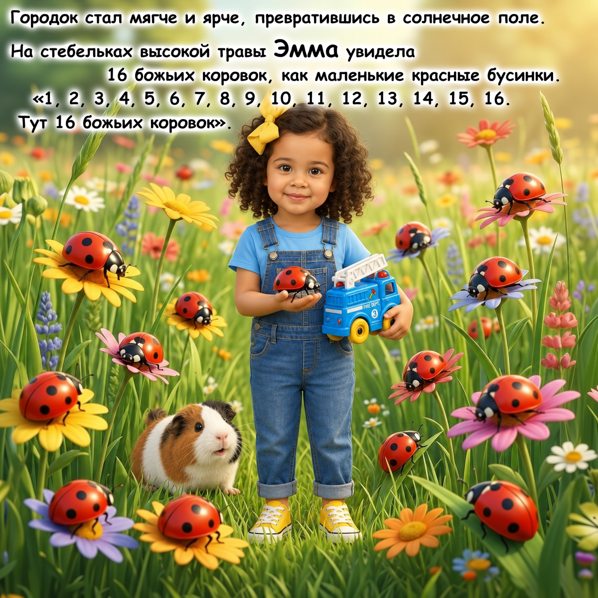 A young child stands in a colorful flower field holding a blue toy truck, with ladybugs on the grass, a guinea pig nearby, and Russian text overlaid at the top.
