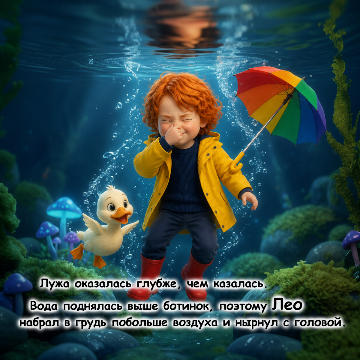 A whimsical underwater scene showing a child with curly red hair in a yellow raincoat and red boots, holding a rainbow umbrella beside a small white duck. The background is a blue underwater environment with rocks, seaweed, and mushrooms, and a text overlay at the bottom.
