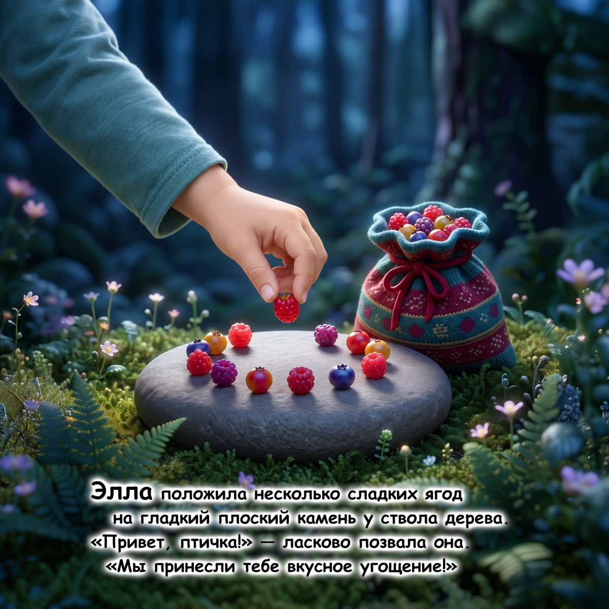 A hand in a teal sleeve places a small red berry onto a stone slab in a lush fantasy forest setting. A knitted drawstring bag filled with colorful berries sits nearby, and Russian text appears at the bottom of the scene.