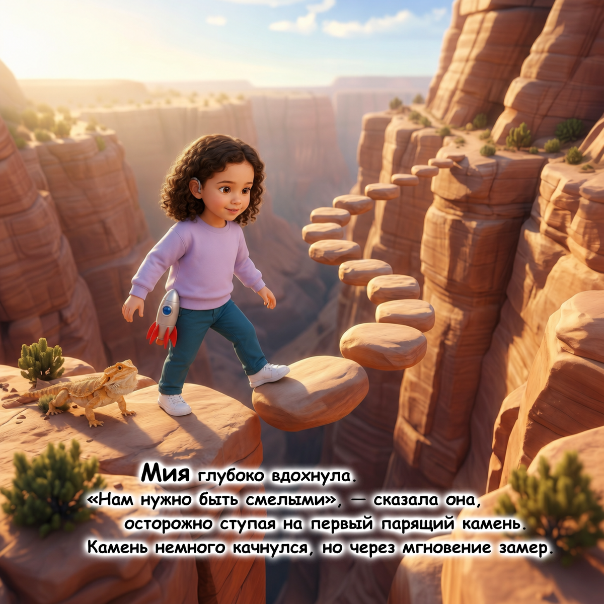 A child stands on a rocky canyon ledge with floating stone platforms, surrounded by desert cliffs and a warm glowing sky. Russian text is overlaid near the bottom, and a small rocket toy is held in one hand.