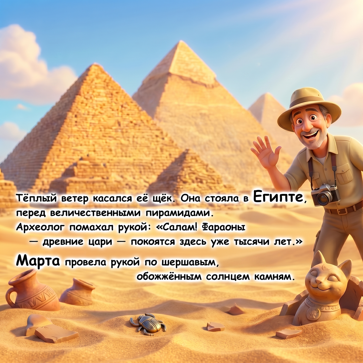 A man in an explorer hat and outfit stands in a desert scene with large pyramids in the background, alongside a small cat figurine and scattered ancient-looking pottery and tablets. Text overlays describe a scene in Egypt with pyramids and an archaeologist waving.