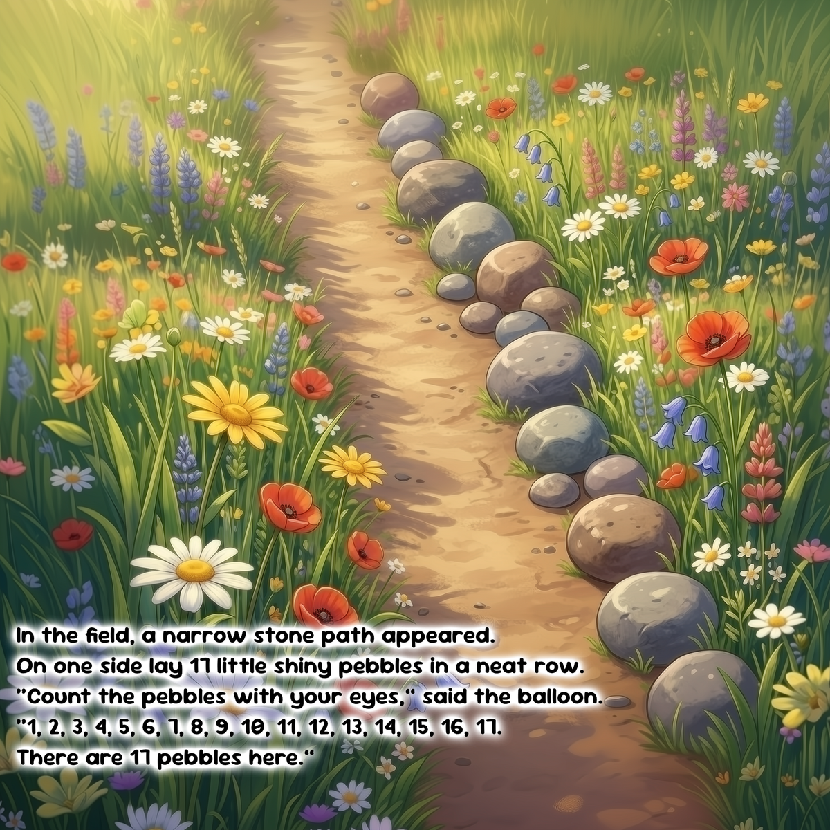 A colorful illustrated meadow scene with a narrow dirt path bordered by gray stones, surrounded by wildflowers and green grass. Text at the bottom reads: 'In the field, a narrow stone path appeared.