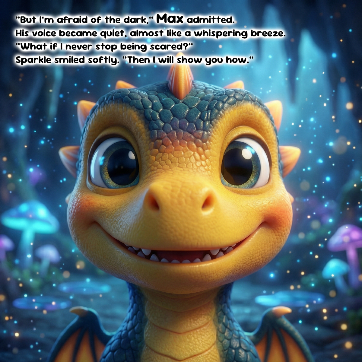 A close-up of a smiling cartoon dragon with large eyes, yellow-orange face, and blue-gray scaled head, set in a glowing fantasy forest. White text at the top reads, “But I’m afraid of the dark.