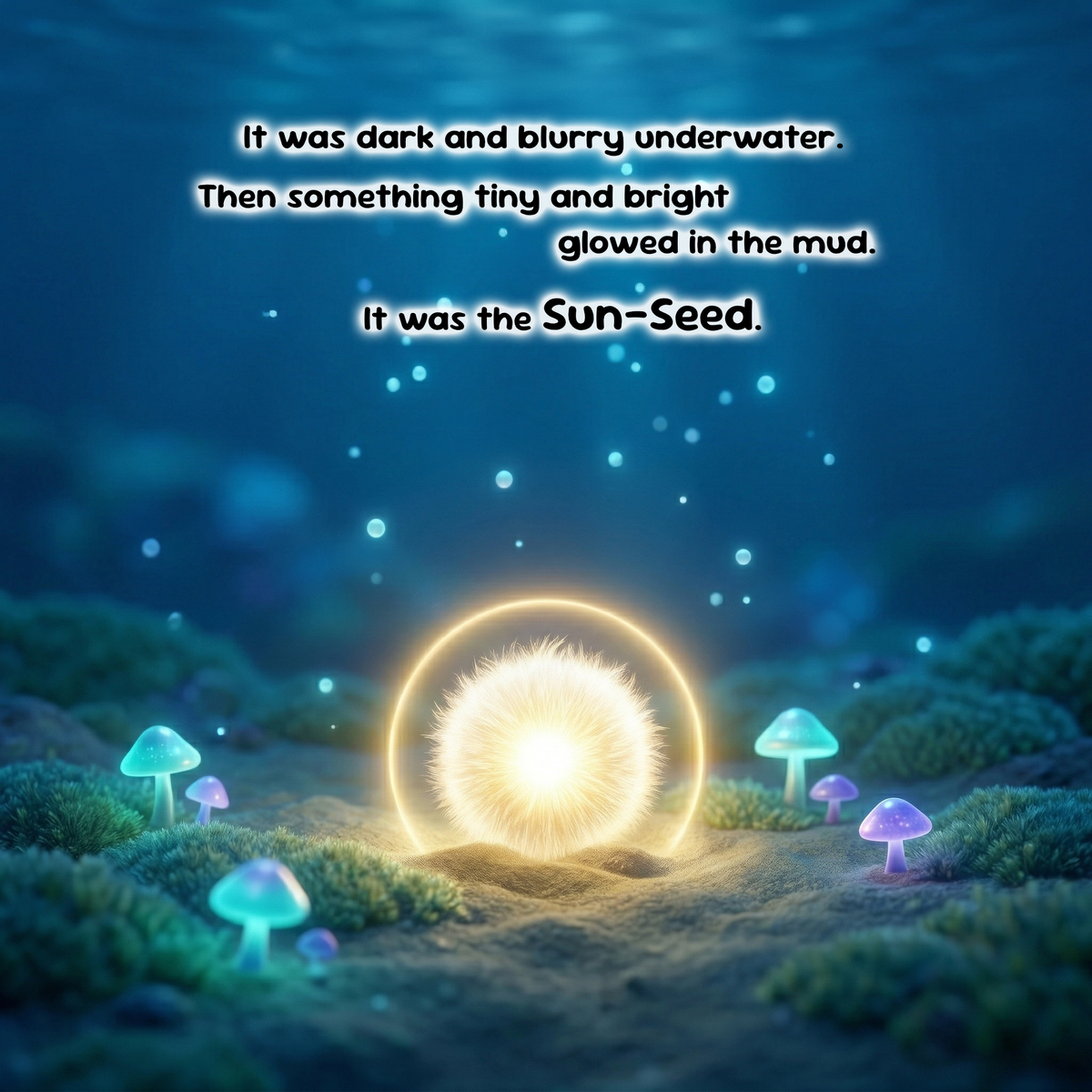 A glowing fantasy underwater scene with a bright sun-like orb in the mud, surrounded by small glowing mushrooms and blue light particles. White text at the top reads: 'It was dark and blurry underwater.